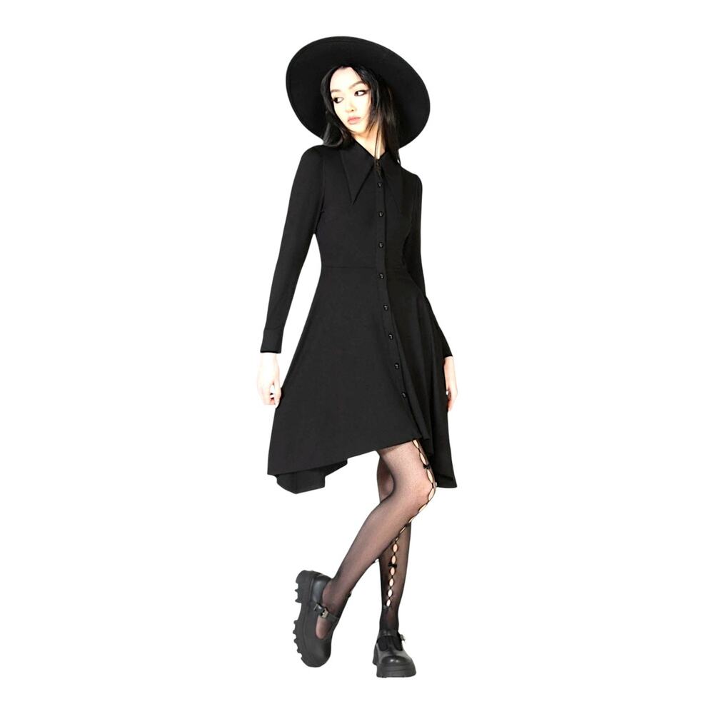 Killstar Black Goth Dress Skull Buttons Pointed Collar Hanky Hem NWT XL